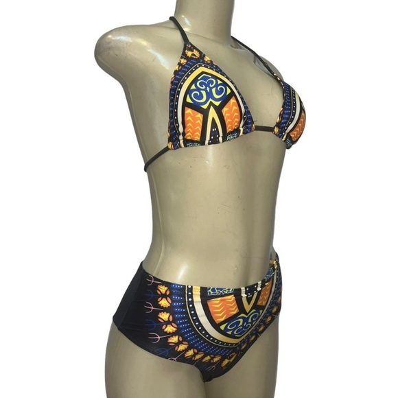 Boho Swimwear Triangle Bikini Top High Waist Bottom 2 Piece Swimsuit Black - Picture 3 of 4